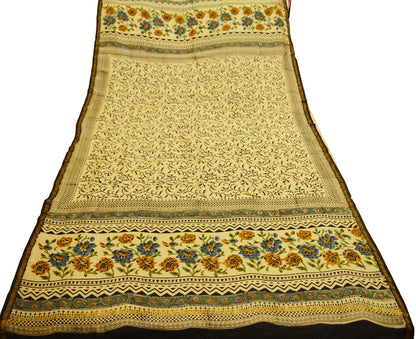 Indian Vintage Ivory Dupatta Long Stole Block Print Pure Silk Indian Scarves Veil Golden Zari Soft Floral Design