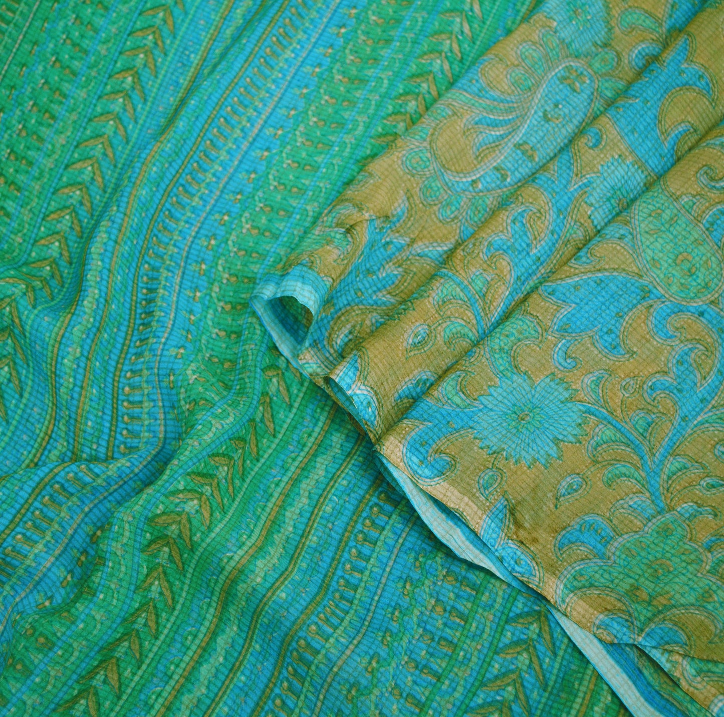 Women Vintage Sari Beige & Blue Pure Chiffon Silk Printed Saree Craft Fabric Sewing 5Yard Soft Light Dress Making Floral