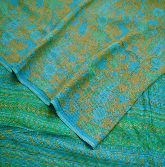 Women Vintage Sari Beige & Blue Pure Chiffon Silk Printed Saree Craft Fabric Sewing 5Yard Soft Light Dress Making Floral