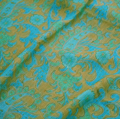 Women Vintage Sari Beige & Blue Pure Chiffon Silk Printed Saree Craft Fabric Sewing 5Yard Soft Light Dress Making Floral