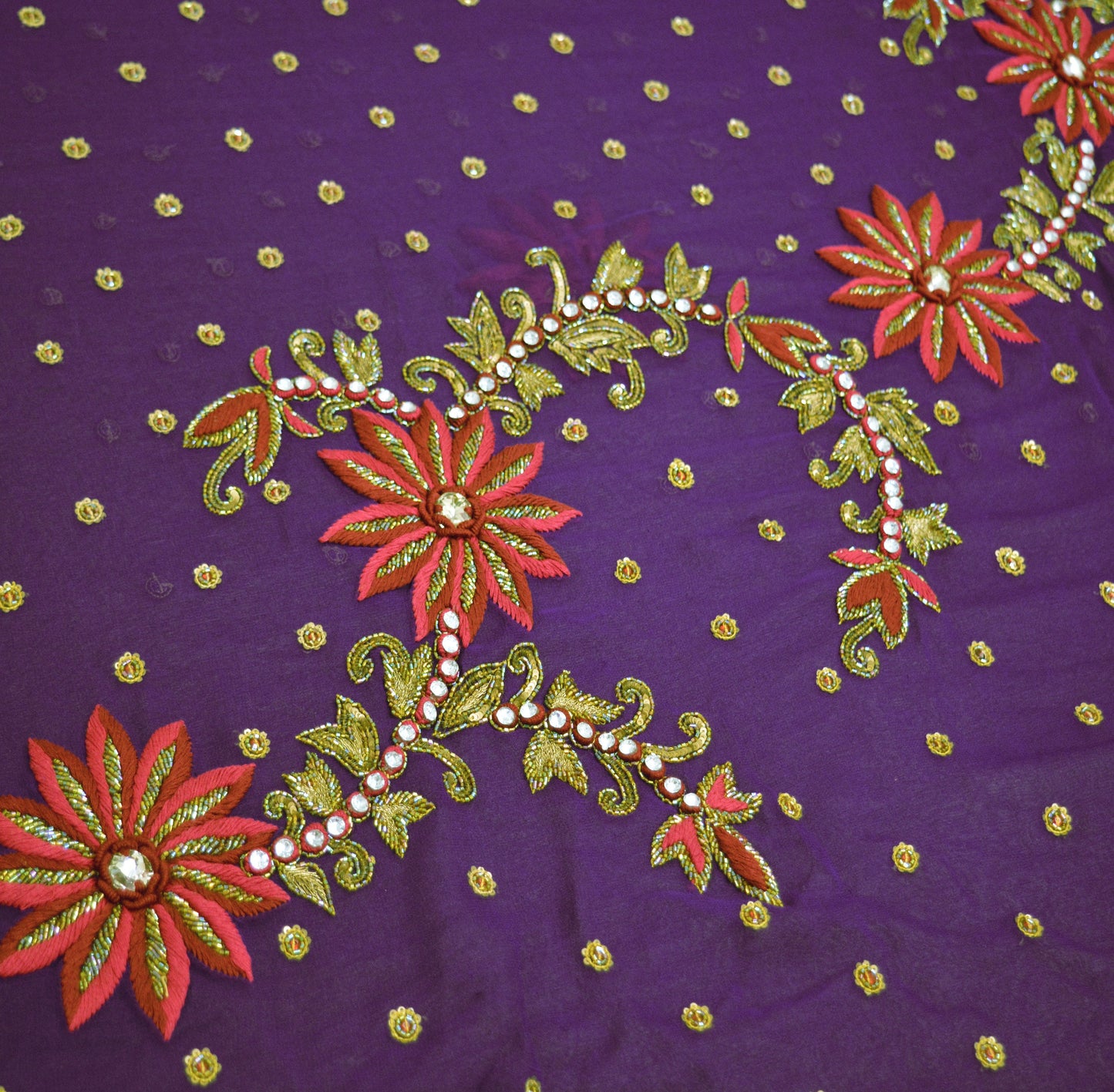 Indian Vintage Purple Saree Pure Georgette Silk Hand Beaded Indian Sari Fabric 5Yard Sewing Soft Ethnic Glass Beaded