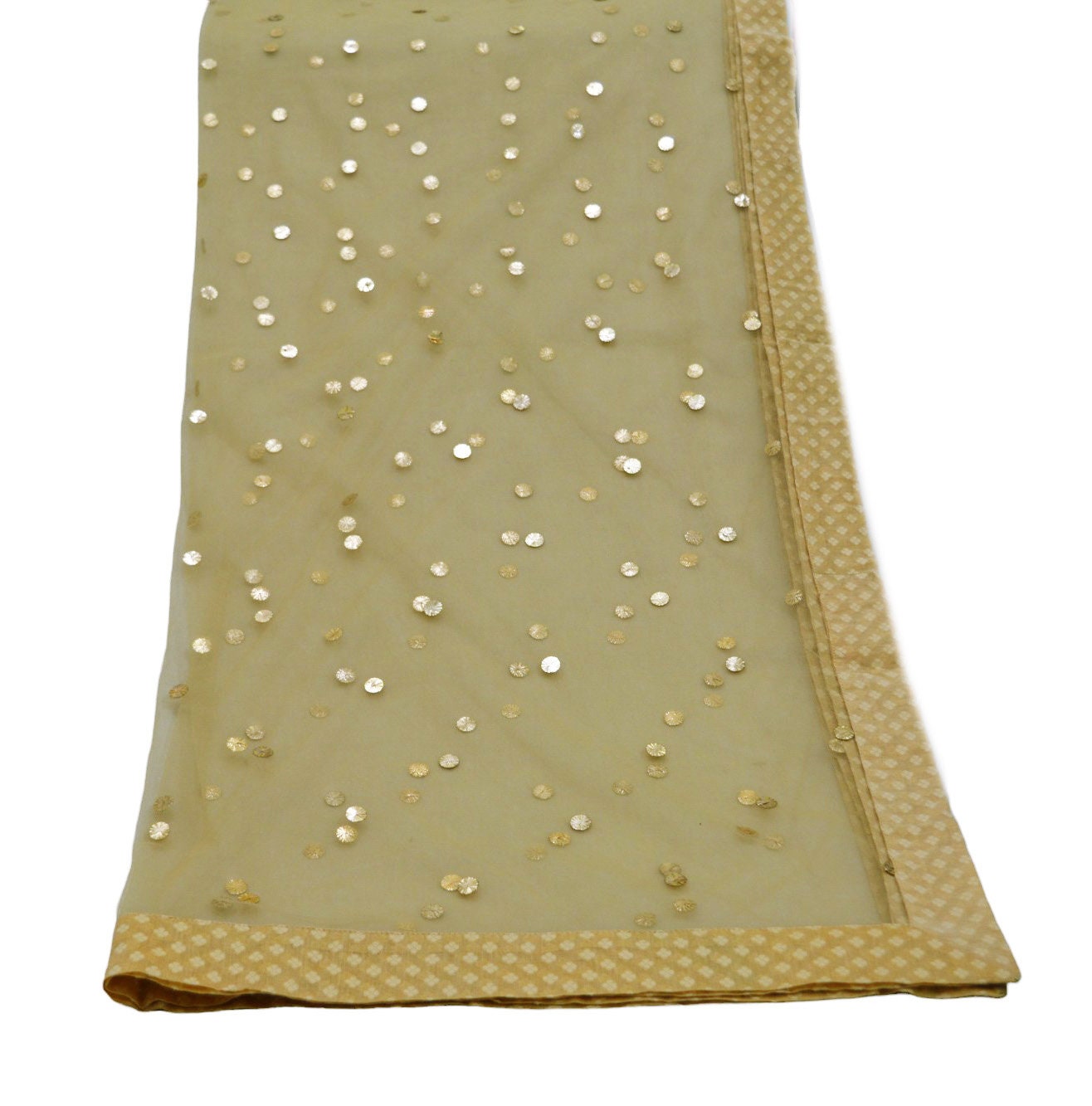 Indian Vintage Beige Dupatta Long Stole Net Mess Hand Embroidered Scarves Veil Hijab Golden Sequins