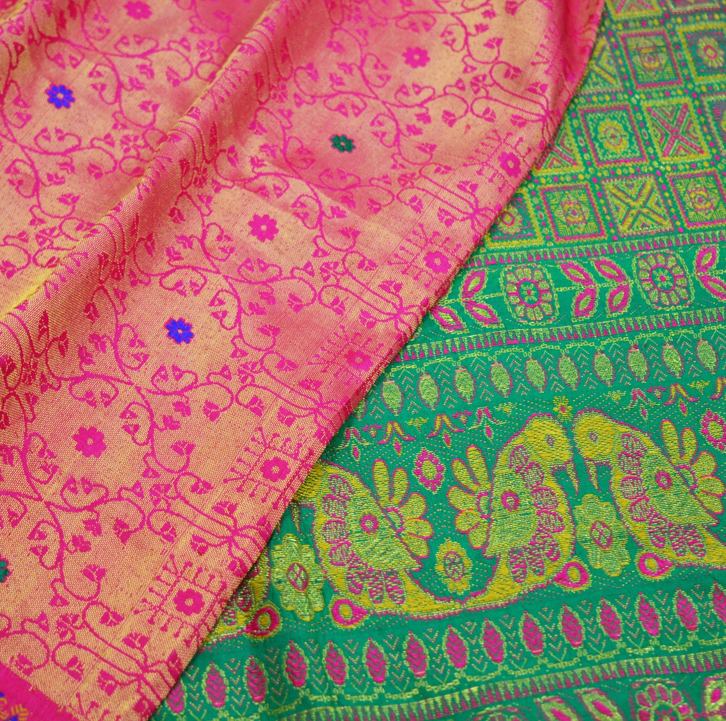 Indian Vintage Heavy Saree Green & Pink Hand Woven Kanjivaram 100% Pure Silk Indian Sari Fabric 5Yard Ethnic Zari Floral