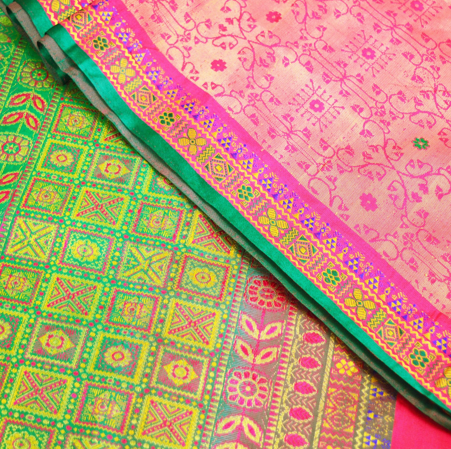 Indian Vintage Heavy Saree Green & Pink Hand Woven Kanjivaram 100% Pure Silk Indian Sari Fabric 5Yard Ethnic Zari Floral