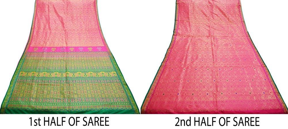 Indian Vintage Heavy Saree Green & Pink Hand Woven Kanjivaram 100% Pure Silk Indian Sari Fabric 5Yard Ethnic Zari Floral