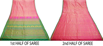 Indian Vintage Heavy Saree Green & Pink Hand Woven Kanjivaram 100% Pure Silk Indian Sari Fabric 5Yard Ethnic Zari Floral