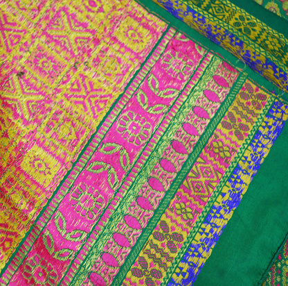 Indian Vintage Heavy Saree Green & Pink Hand Woven Kanjivaram 100% Pure Silk Indian Sari Fabric 5Yard Ethnic Zari Floral