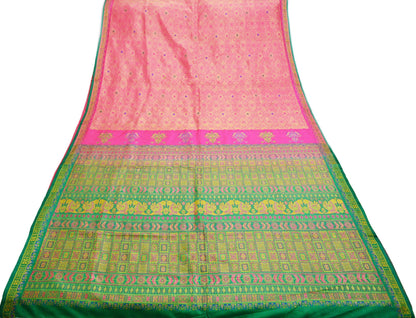 Indian Vintage Heavy Saree Green & Pink Hand Woven Kanjivaram 100% Pure Silk Indian Sari Fabric 5Yard Ethnic Zari Floral