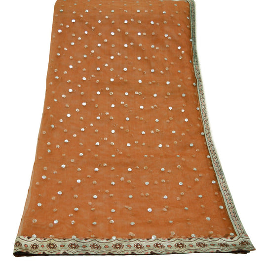 Indian Vintage Orange Dupatta Net Mesh Long Stole Woven Scarves Brocade border work silver zari