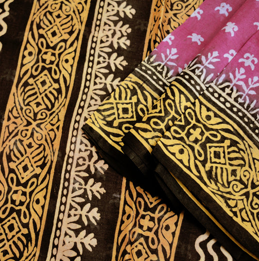 Indian Vintage Sari Black & Pink Block Printed Sari Pure Silk Saree Fabric 5Yard Geometric Soft Dress designing Dress making