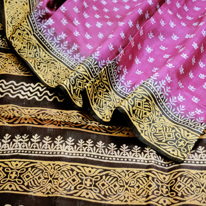 Indian Vintage Sari Black & Pink Block Printed Sari Pure Silk Saree Fabric 5Yard Geometric Soft Dress designing Dress making