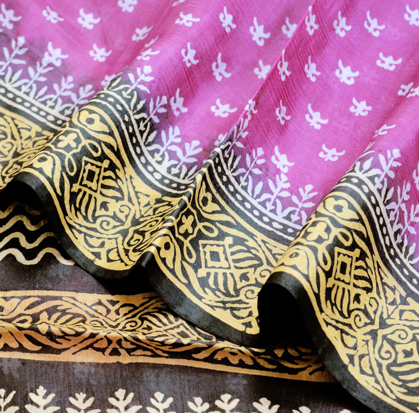 Indian Vintage Sari Black & Pink Block Printed Sari Pure Silk Saree Fabric 5Yard Geometric Soft Dress designing Dress making