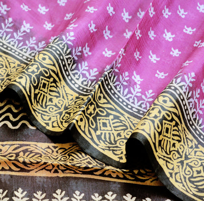 Indian Vintage Sari Black & Pink Block Printed Sari Pure Silk Saree Fabric 5Yard Geometric Soft Dress designing Dress making
