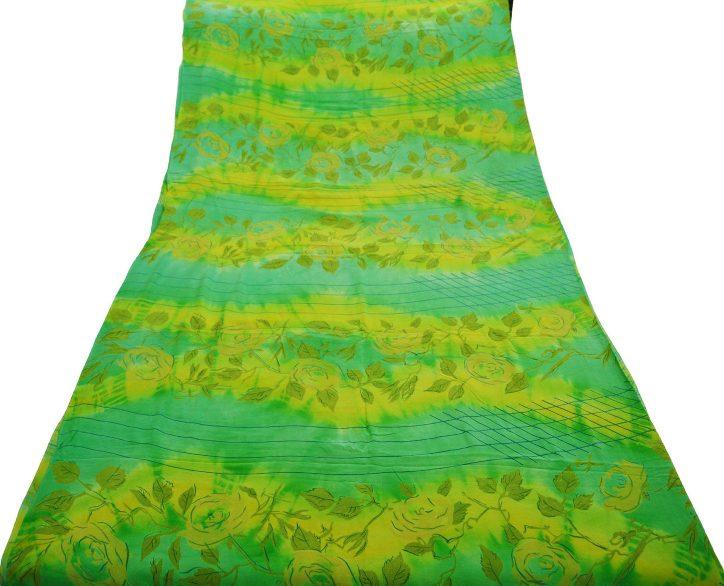 Indian Vintage Sari Yellow &Green Pure Crepe Silk Printed Saree 5yard Sewing Floral Soft Craft Fabric Wrap