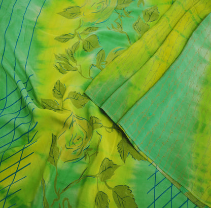 Indian Vintage Sari Yellow &Green Pure Crepe Silk Printed Saree 5yard Sewing Floral Soft Craft Fabric Wrap