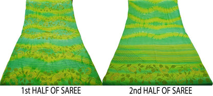 Indian Vintage Sari Yellow &Green Pure Crepe Silk Printed Saree 5yard Sewing Floral Soft Craft Fabric Wrap