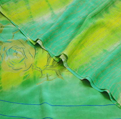 Indian Vintage Sari Yellow &Green Pure Crepe Silk Printed Saree 5yard Sewing Floral Soft Craft Fabric Wrap