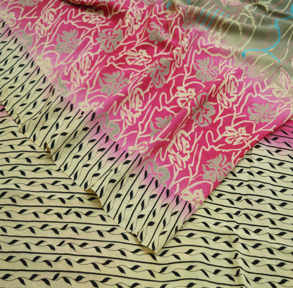 Indian Vintage Sari Cream & Pink Pure Crepe Silk Printed Saree 5yard Sewing Floral Soft Craft Fabric Wrap