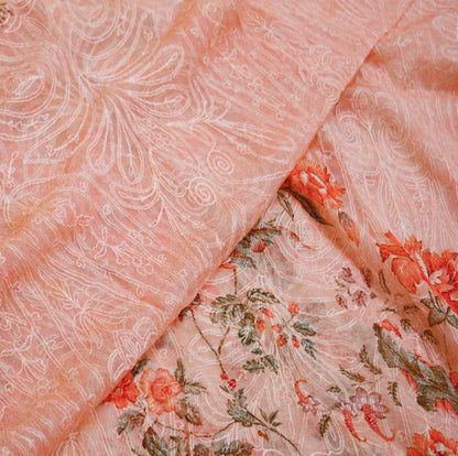 Indian Vintage Peach Dupatta Blend Chiffon Long Stole Embroidered Scarves Floral Design Stole Veil Wrap