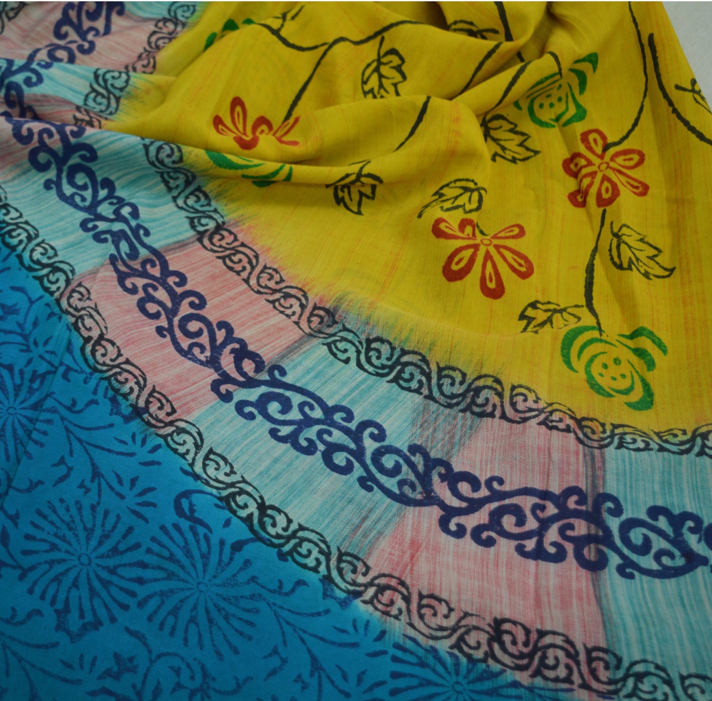 Indian Vintage Sari Blue & Yellow Pure Crepe Silk Block Printed Saree 5yard Sewing Floral Craft Fabric Wrap