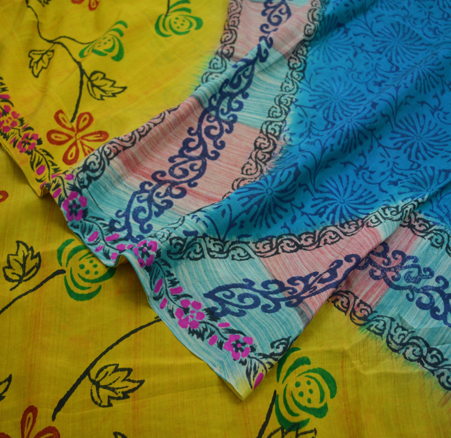 Indian Vintage Sari Blue & Yellow Pure Crepe Silk Block Printed Saree 5yard Sewing Floral Craft Fabric Wrap