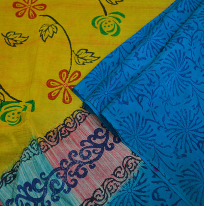 Indian Vintage Sari Blue & Yellow Pure Crepe Silk Block Printed Saree 5yard Sewing Floral Craft Fabric Wrap