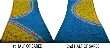 Indian Vintage Sari Blue & Yellow Pure Crepe Silk Block Printed Saree 5yard Sewing Floral Craft Fabric Wrap