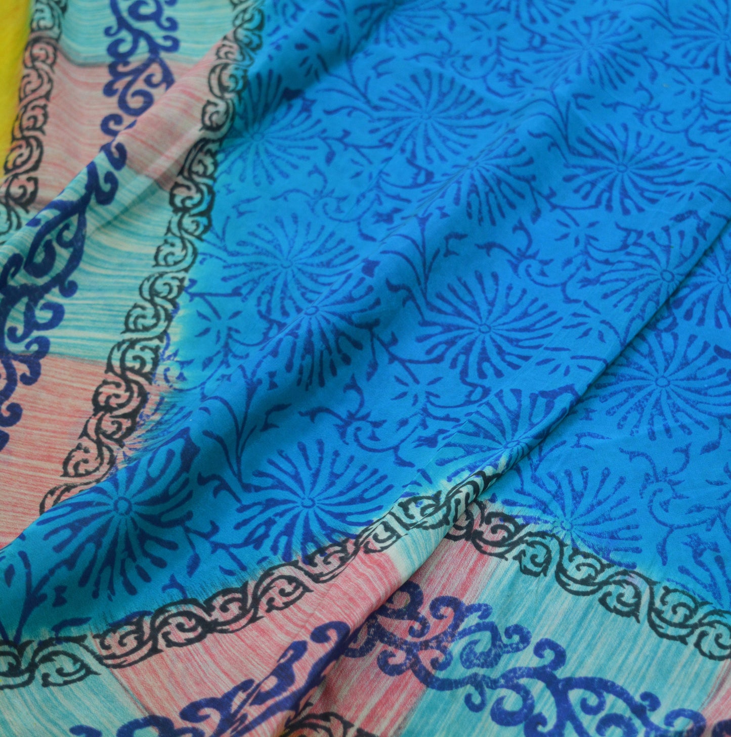 Indian Vintage Sari Blue & Yellow Pure Crepe Silk Block Printed Saree 5yard Sewing Floral Craft Fabric Wrap