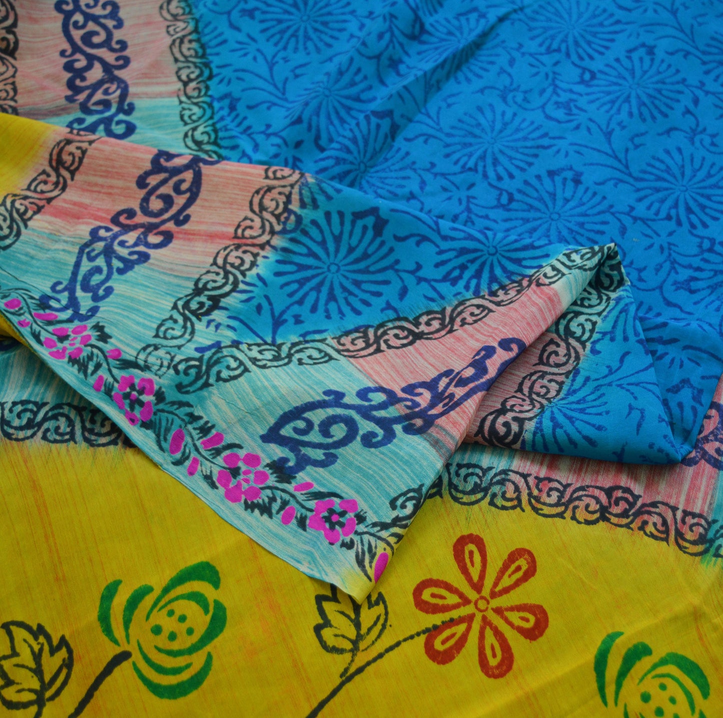 Indian Vintage Sari Blue & Yellow Pure Crepe Silk Block Printed Saree 5yard Sewing Floral Craft Fabric Wrap