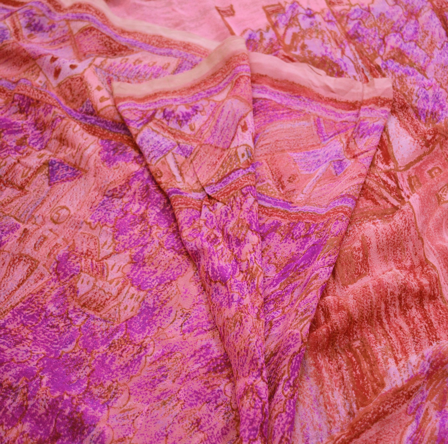 Indian Vintage Sari Peach & Purple  Pure Georgette Silk Printed Saree Craft Fabric Sewing 5Yard Soft Light Dress Making Floral