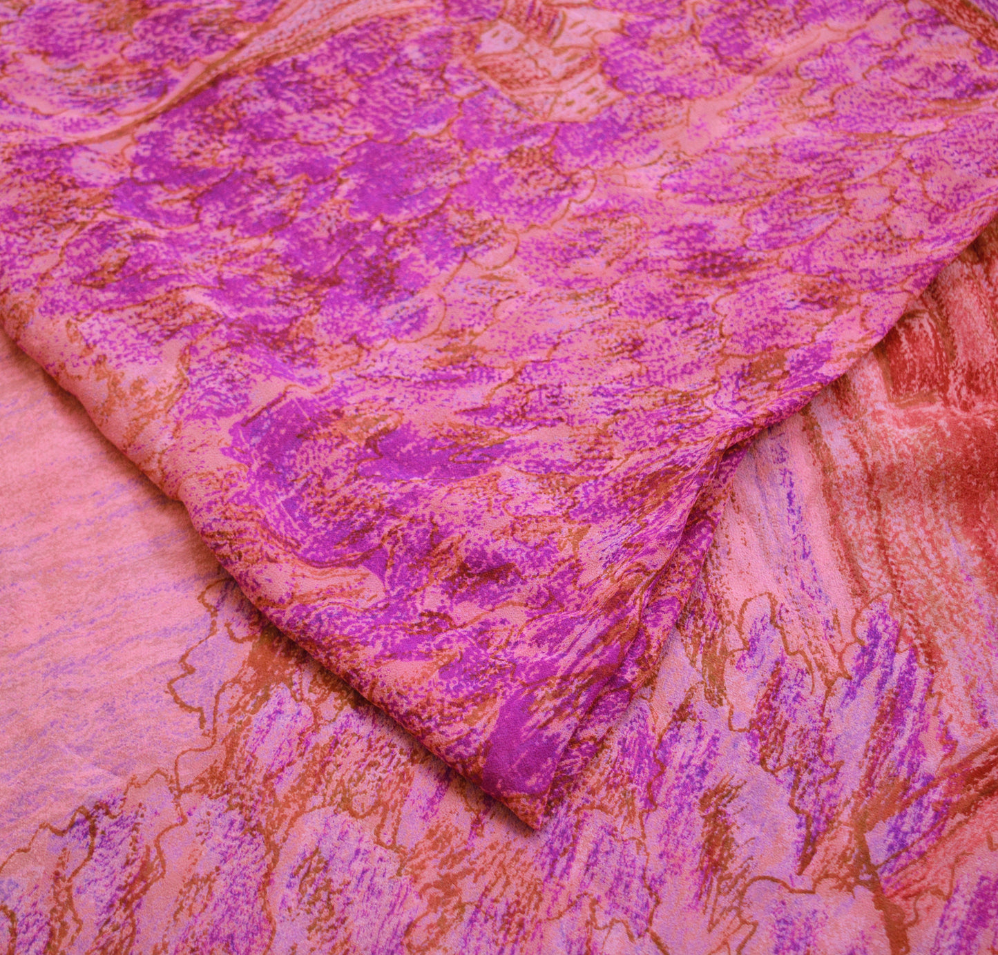 Indian Vintage Sari Peach & Purple  Pure Georgette Silk Printed Saree Craft Fabric Sewing 5Yard Soft Light Dress Making Floral