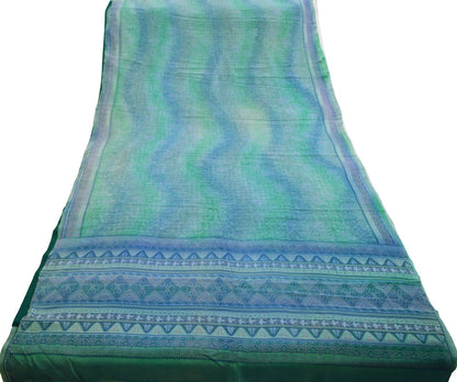 Indian Vintage Sari Blue & Green Pure Crepe Silk Printed Saree 5yard Sewing Floral Soft Craft Fabric Wrap