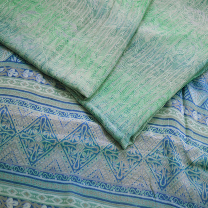 Indian Vintage Sari Blue & Green Pure Crepe Silk Printed Saree 5yard Sewing Floral Soft Craft Fabric Wrap