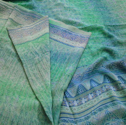 Indian Vintage Sari Blue & Green Pure Crepe Silk Printed Saree 5yard Sewing Floral Soft Craft Fabric Wrap