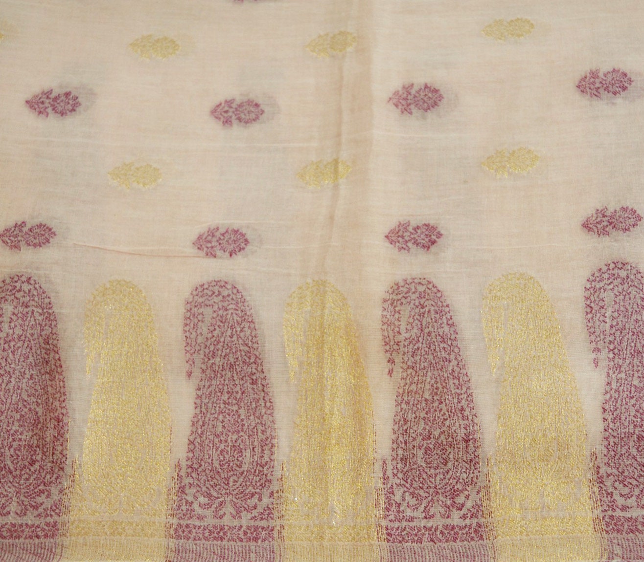 Indian Vintage Peach  Dupatta Long Stole Woven Pure Cotton Indian Scarves Veil Golden Zari Soft