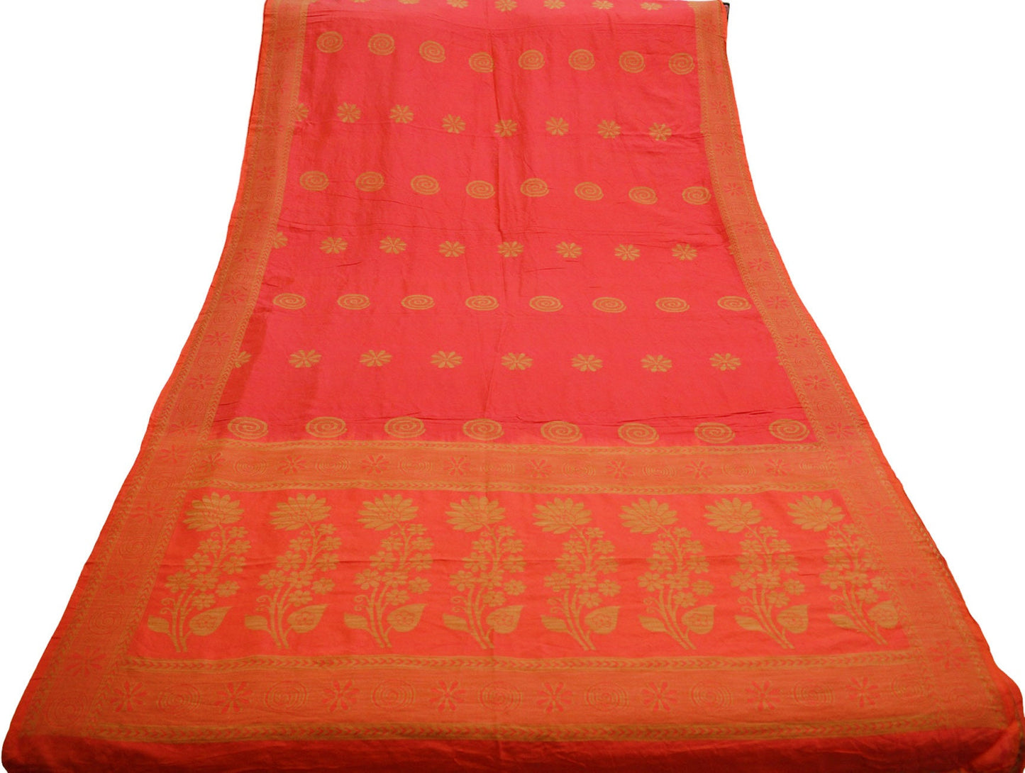 Indian Vintage Sari Red & Orange Pure Silk Hand Woven Saree  Fabric 5Yard Sewing Ethnic Floral