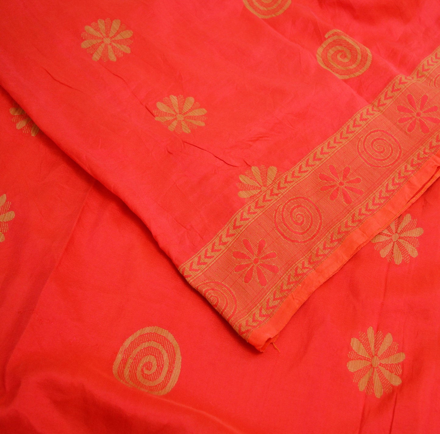 Indian Vintage Sari Red & Orange Pure Silk Hand Woven Saree  Fabric 5Yard Sewing Ethnic Floral