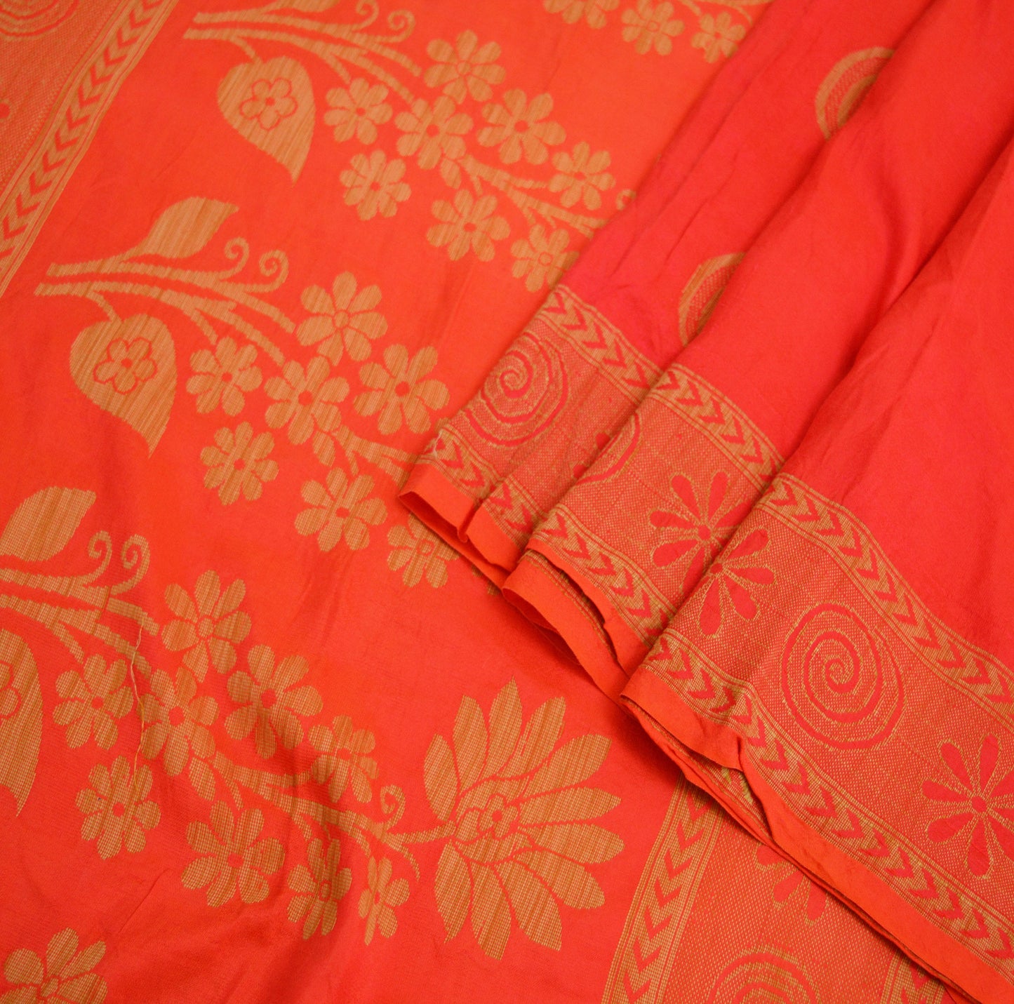 Indian Vintage Sari Red & Orange Pure Silk Hand Woven Saree  Fabric 5Yard Sewing Ethnic Floral