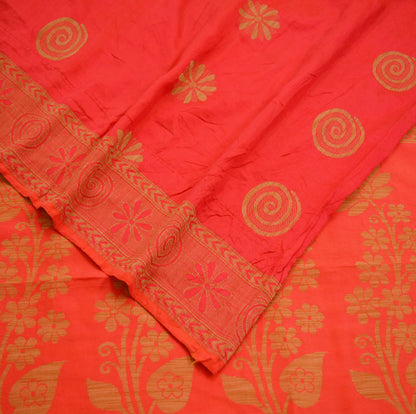 Indian Vintage Sari Red & Orange Pure Silk Hand Woven Saree  Fabric 5Yard Sewing Ethnic Floral