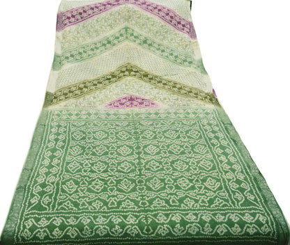 Indian Vintage Sari Green & Ivory Pure Silk Bandhani Printed Sarees  Fabric 5yd Floral Sewing Traditional Culture Sari Ethnic Fabric