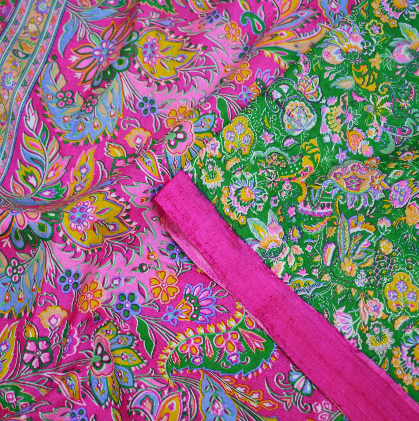 Indian Vintage Sari Pink & Green Pure Silk Printed Saree Fabric 5yd Sewing Craft DressMaking  Soft Floral Ethnic