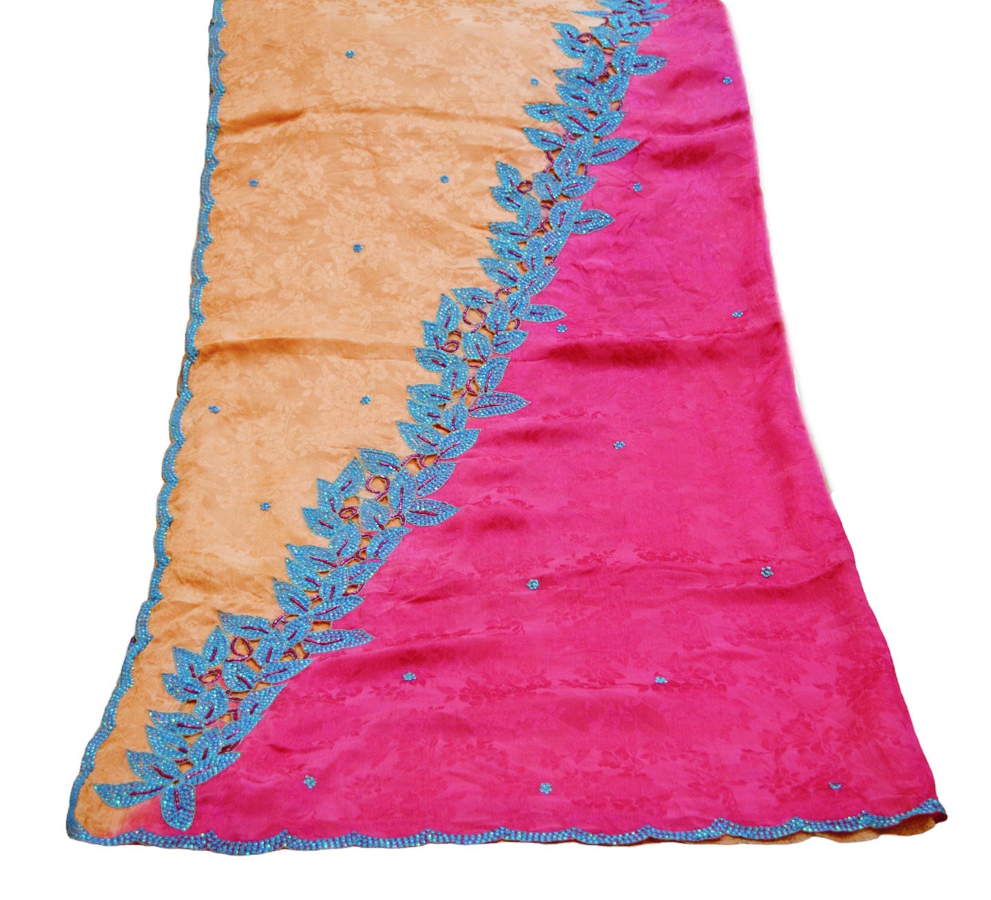 Indian Vintage Pink & Peach Dupatta Pure Silk Long Stole Hand Embroidered Scarves Floral Design Stole Veil Wrap Sequins