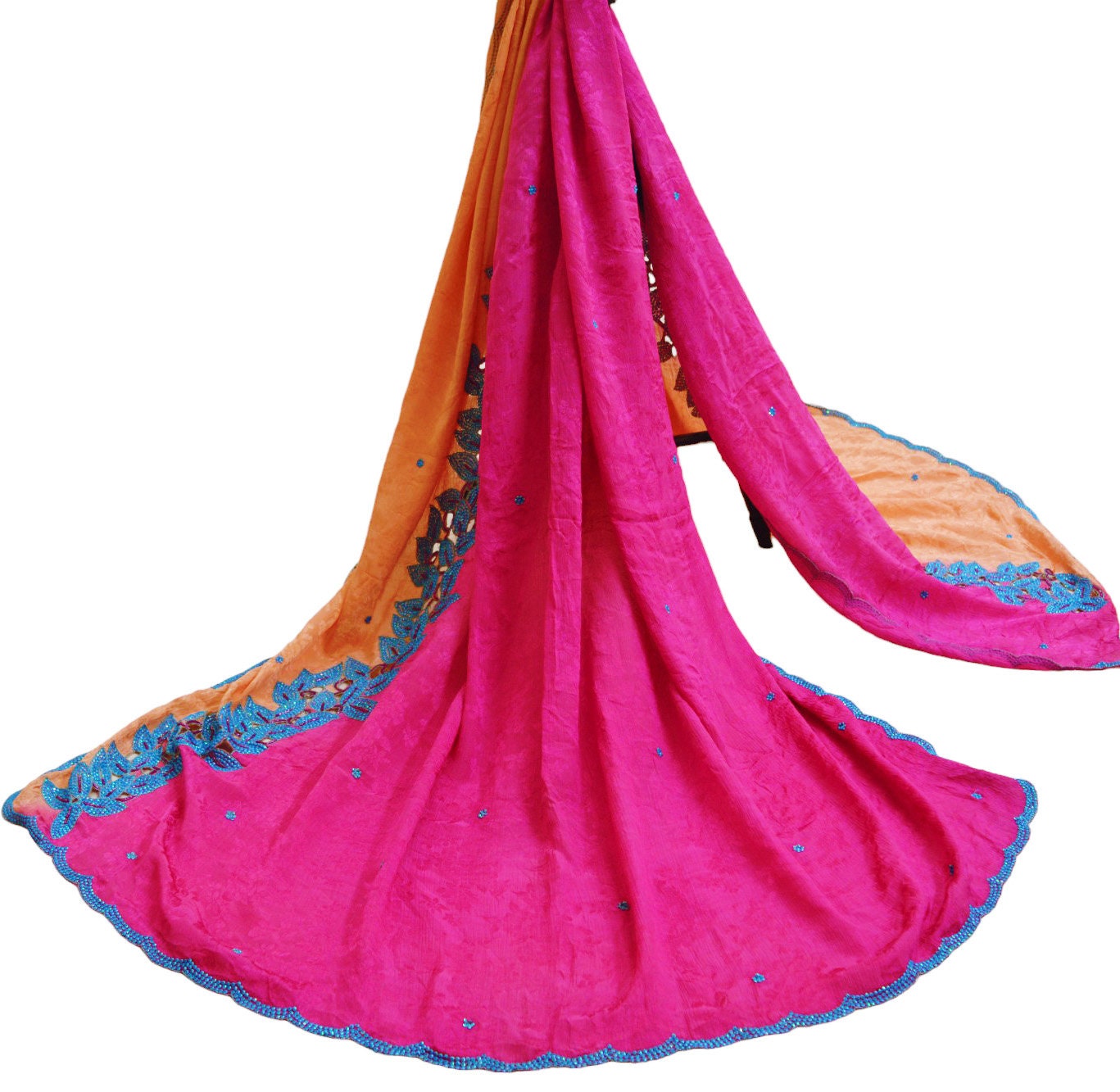 Indian Vintage Pink & Peach Dupatta Pure Silk Long Stole Hand Embroidered Scarves Floral Design Stole Veil Wrap Sequins