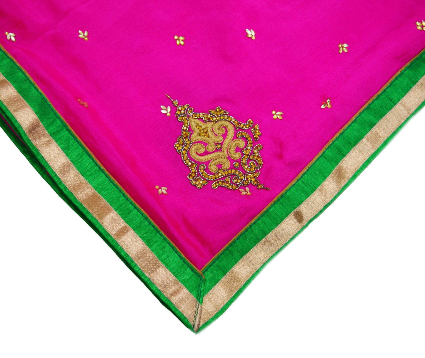 Indian Vintage Pink Heavy Green Dupatta Pure Silk Long Stole Hand Embroidered Scarves Sequins