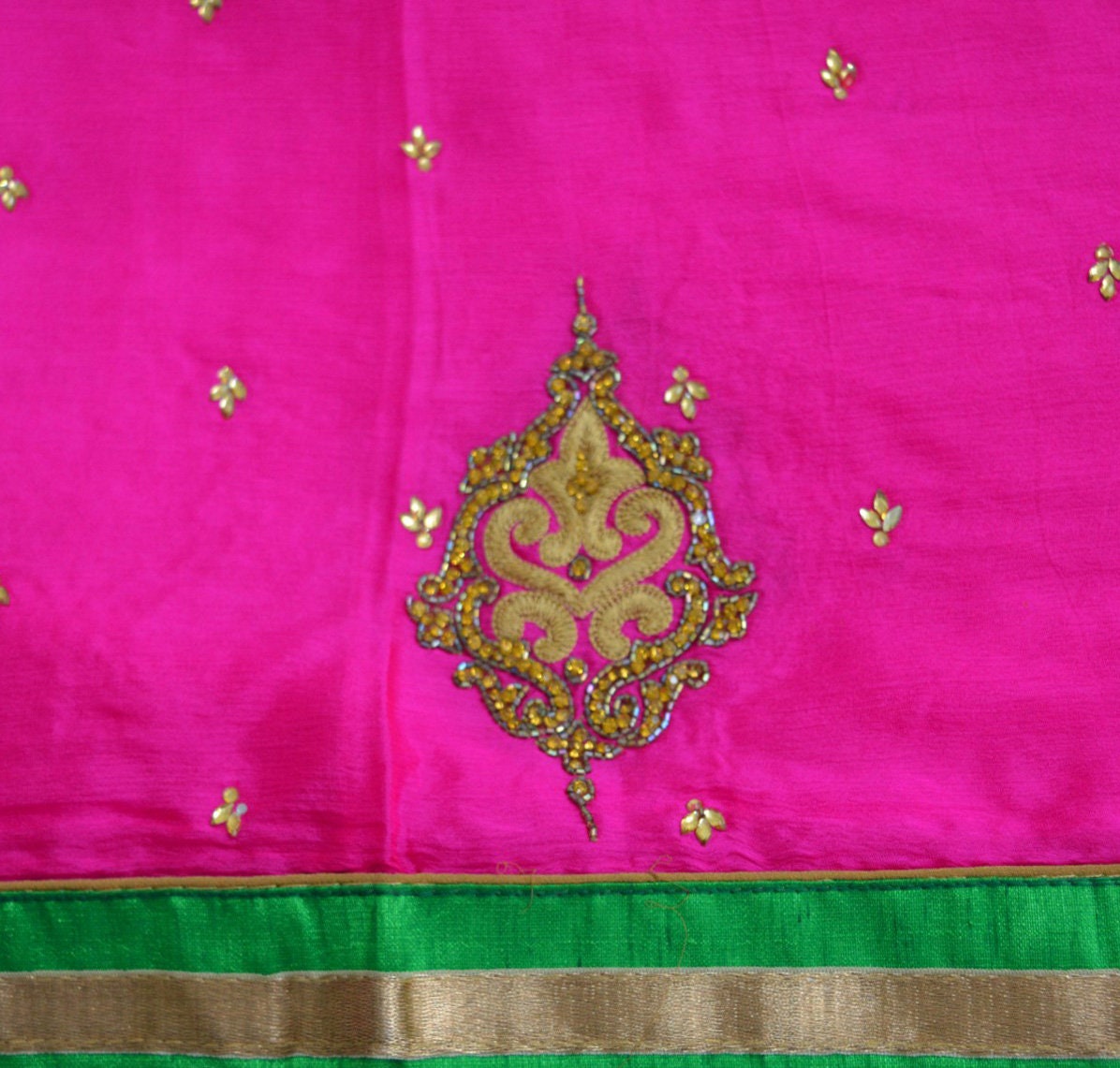 Indian Vintage Pink Heavy Green Dupatta Pure Silk Long Stole Hand Embroidered Scarves Sequins