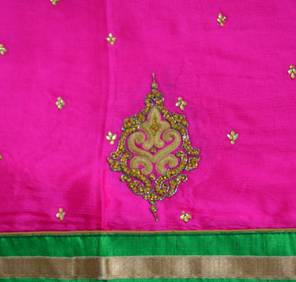 Indian Vintage Pink Heavy Green Dupatta Pure Silk Long Stole Hand Embroidered Scarves Sequins