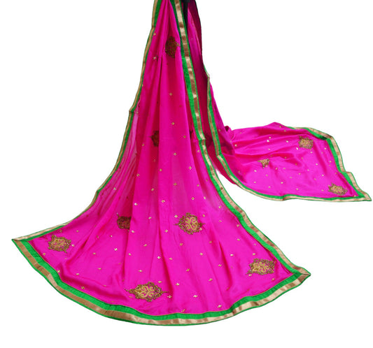 Indian Vintage Pink Heavy Green Dupatta Pure Silk Long Stole Hand Embroidered Scarves Sequins