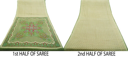 Indian Vintage Sari Ivory & Green Pure Crepe Silk Printed Saree 5yard Sewing Floral Soft Craft Fabric Wrap