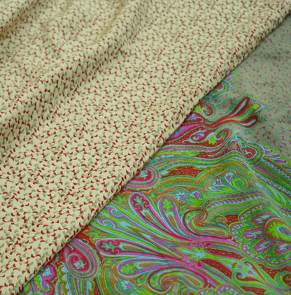 Indian Vintage Sari Ivory & Green Pure Crepe Silk Printed Saree 5yard Sewing Floral Soft Craft Fabric Wrap