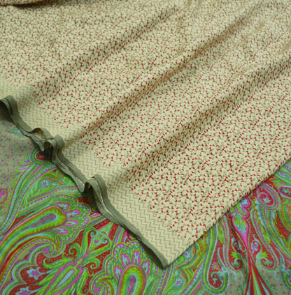 Indian Vintage Sari Ivory & Green Pure Crepe Silk Printed Saree 5yard Sewing Floral Soft Craft Fabric Wrap